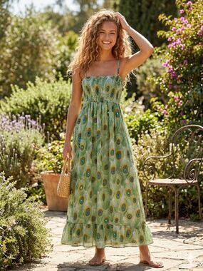 Chaudry Smocked Gauze Maxi Size Medium Artisanal Peacock Sparkle Dress